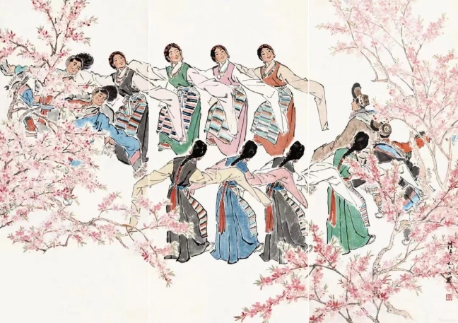 葉淺予高原之春紙本設(shè)色211cm×98cm、211cm×105cm、211cm×98cm1964年